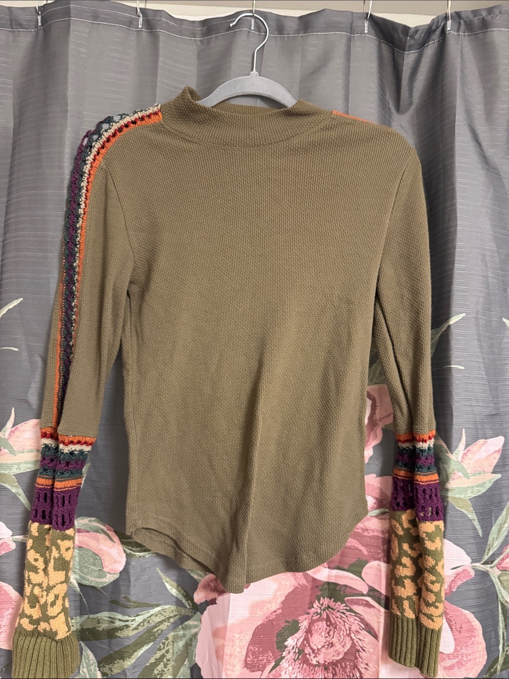 Free People Olive Green Knit Top with Multicolor Crochet Sleeves